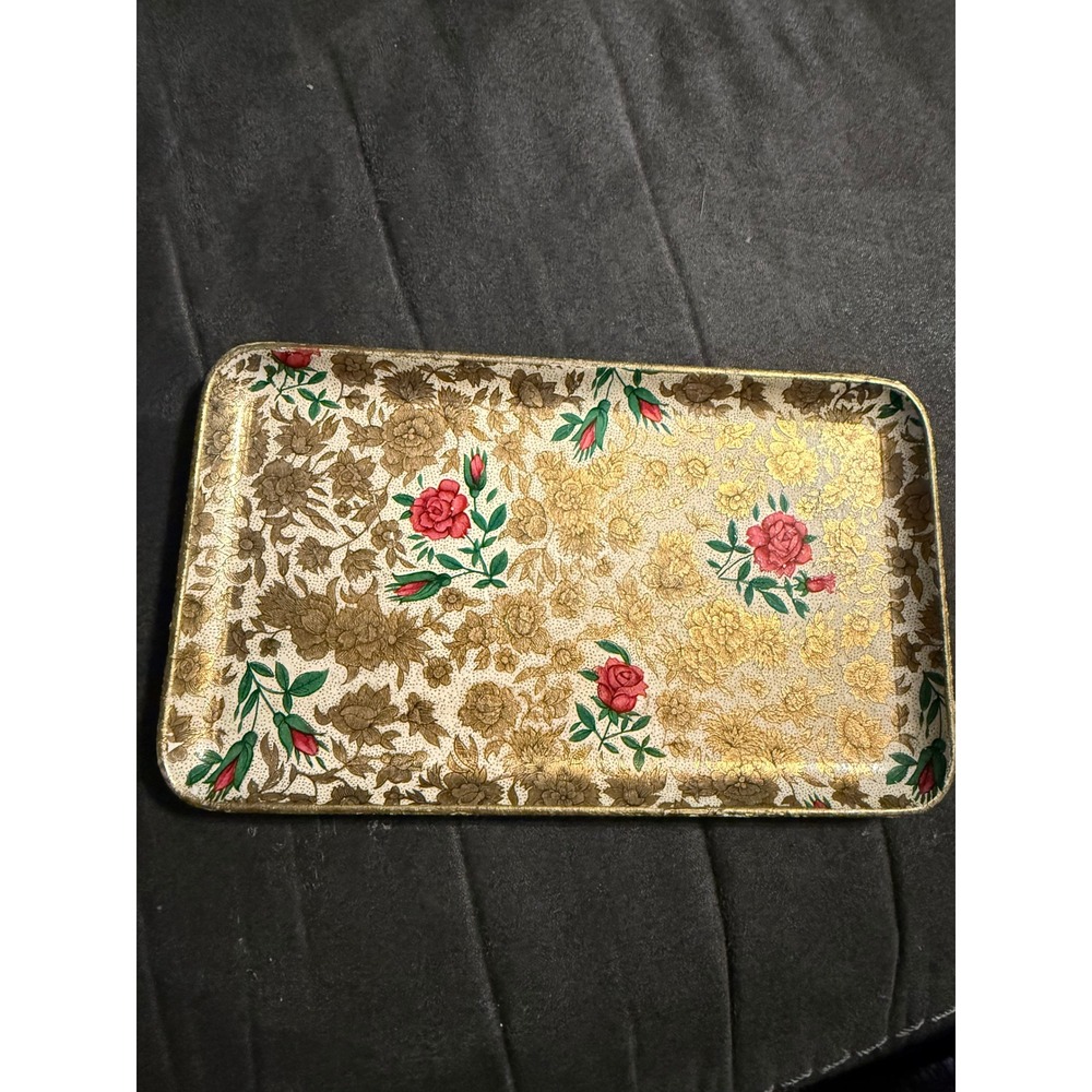 Vintage Viking Import Japan Alcohol Proof Floral Rose Gold Tone Tray Decorative